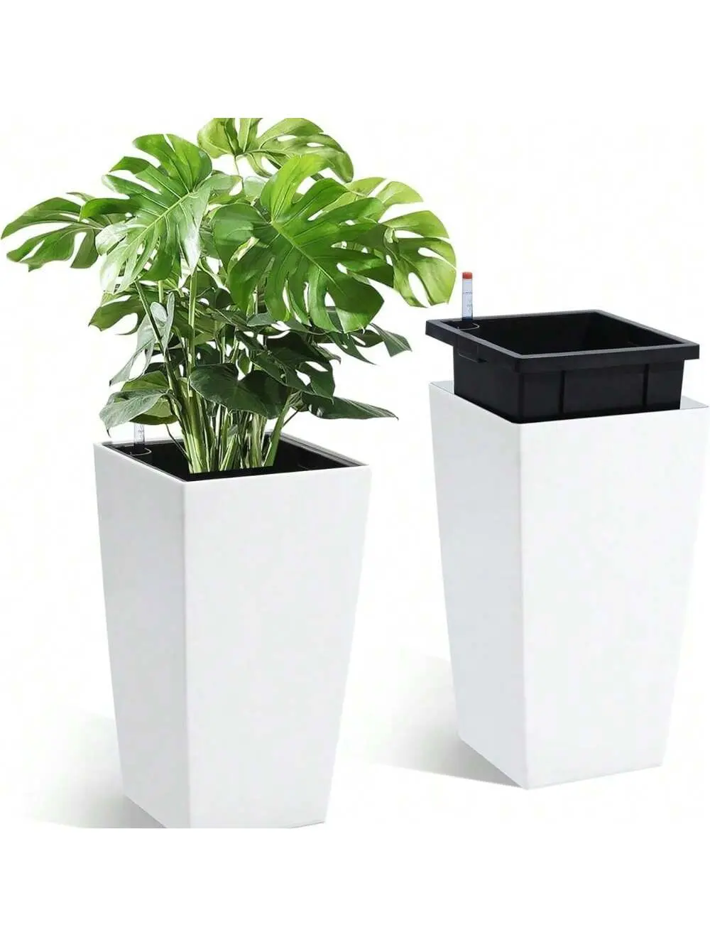 Gaomon Classic Taper Plastic Flower Pots 2-Piece Set - 16in White Auto-Watering Planters with Draining Holes, Water Level Monitor, Removable Baskets for Home Decor, Indoor-Outdoor Front Porch Gardening