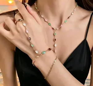 Cider OVAL RESIN Jewelry Set: LAYERED HAND CHAIN BRACELET & Matching Necklace, Colorful Gemstone Layered Style outdoorfun
