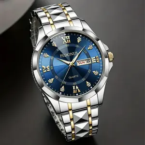 Men's Luminous Business Simple Quartz Watch - Stainless Steel Band, Gold Accents, Blue Dial with Date & Day Indicator