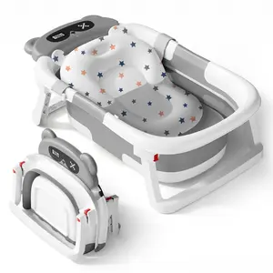 BabyBond Collapsible Baby Bathtub with Real-Time Temp Monitor, Showerhead Holder, Floating Soft Cushion, Non-Slip Design, 10.5cm Foldable Baby Bathtub Set for Small Baths