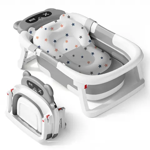 BabyBond Compact Collapsible Bathtub Set - 10.5cm Foldable, Real-Time Temp Monitor, Showerhead Ready Holder, Cutie Cushion, Non-Slip, PP+TPE, for 0-2 Years Infants, Small Bathroom Baby Items, Newborn Baby Stuff