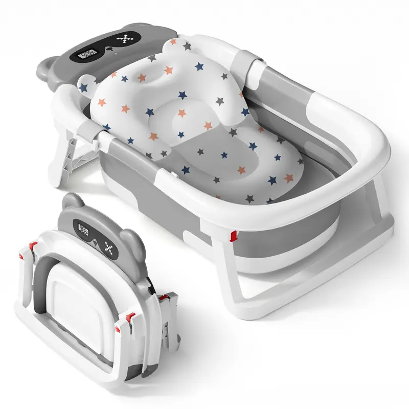 BabyBond Compact Collapsible Bathtub Set - 10.5cm Foldable, Real-Time Temp Monitor, Showerhead Ready Holder, Cutie Cushion, Non-Slip, PP+TPE, for 0-2 Years Infants, Small Bathroom Baby Items, Newborn Baby Stuff