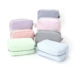 Seersucker Monogram Cosmetic Bag Personalized, Chenille Name Aesthetic Makeup Pouch, Custom Travel Toiletry Bag Gift for Her, Pool Party Bachelorette Vacation