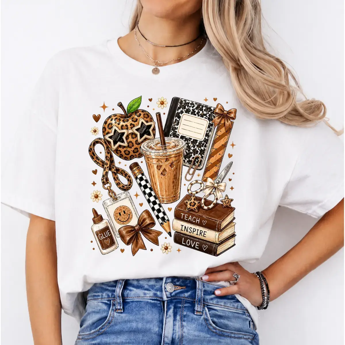 Leopard Teacher Shirt, Cute Teach Inspire Love Graphic Tee, Coffee Notebook School Supplies Shirt, Back to School Teacher Gift, Trendy Teacher Tee