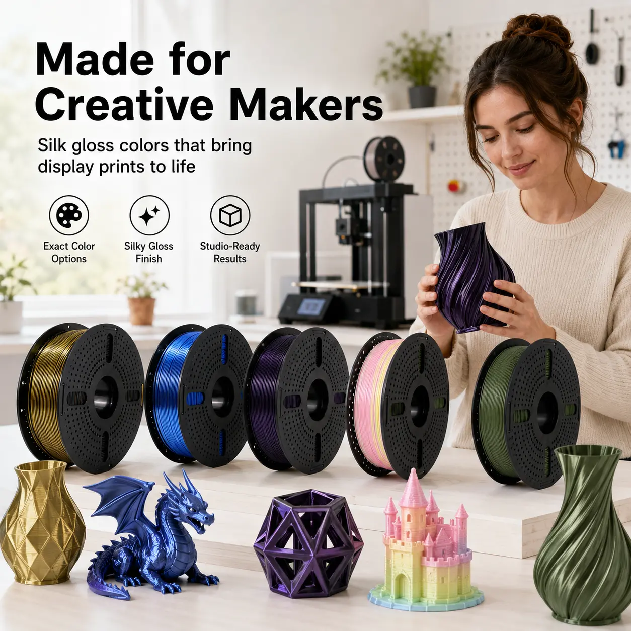 1.25 kg Silk PLA 3D Printing Filament — 1.75 mm diameter, high toughness, resists clogging, smooth printing, glossy finish — compatible with FDM printers, ideal for DIY enthusiasts, artistic projects, and industrial Halloween and Christmas projects