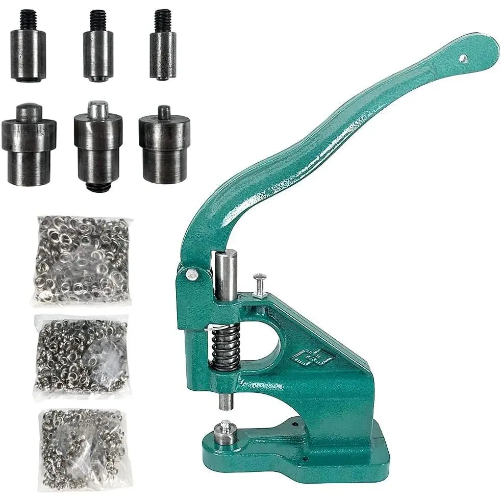 Hand Press Heavy Duty Eyelet Grommet Machine Punch Tool Kit with 3 Dies and 1500 Pcs Silver Grommets