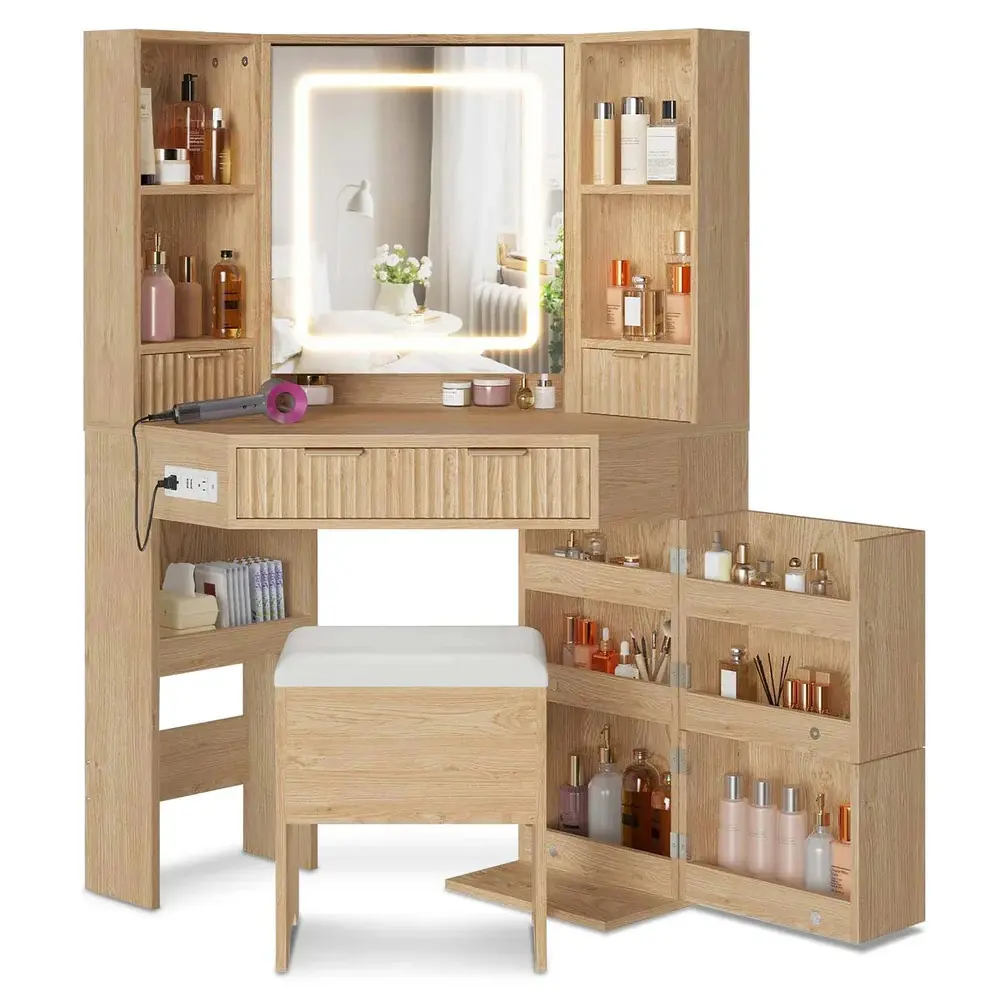 SIKAIC Corner Vanity Desk, Contemporary Dressing Table with LED-Integrated Mirror, Charging Station, Drawer-Style Makeup Vanities & Compartmentalized Mirror Cabinets for Modern Bedrooms