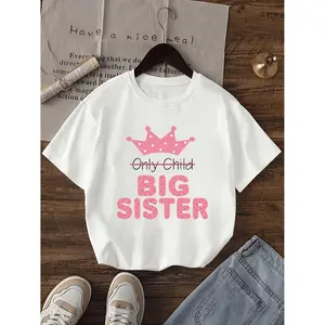 Big Sister Polka Dot Crown Pattern Print T-Shirt, Summer Round Neck Short Sleeve Top for Girls, Stretchy And Comfortable Clothing