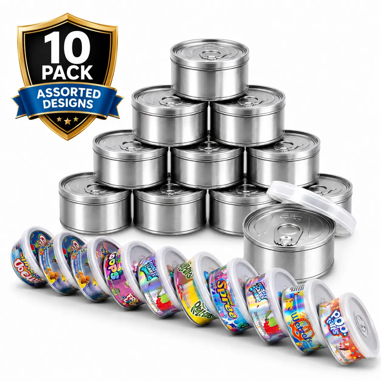 10 Pack Tin Can Style Metal Storage Pull Top Containers with Lids and Decorative Labels