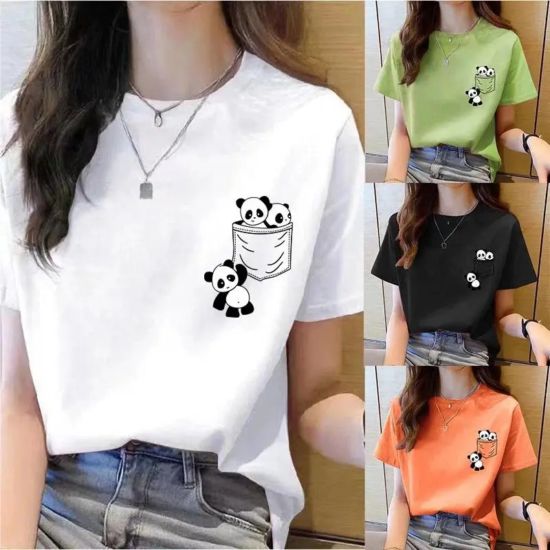 Women Short Sleeve Top Summer New Pocket Panda Cartoon Printed T-shirt Korean Fashion Women Tops Loose Round Neck T Shirt Women Casual Crewneck Womenswear Tshirt