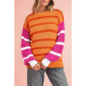 Orange Striped Colorblock Puff Sleeve Sweater