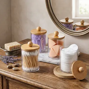 *Qtip Holder Dispenser Set 4 Pack Clear Apothecary Jars with Bamboo Lids Bathroom Vanity Organizer Storage