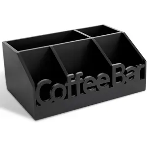 Coffee Bar Organizer for Countertop – Wooden Coffee and Tea Station Caddy with Tray for Pods, Cups, Condiments, and Accessories – Kitchen or Office Counter Storage (Medium Size -Black)
