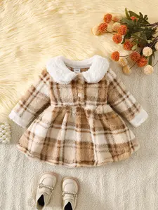 Winter Baby Thick Plaid Dress, Dual-Faced Velvet Doll Collar Open Front Design, Bow Tie Belt, Fuzzy Edges Warm, Fuzzy Trim