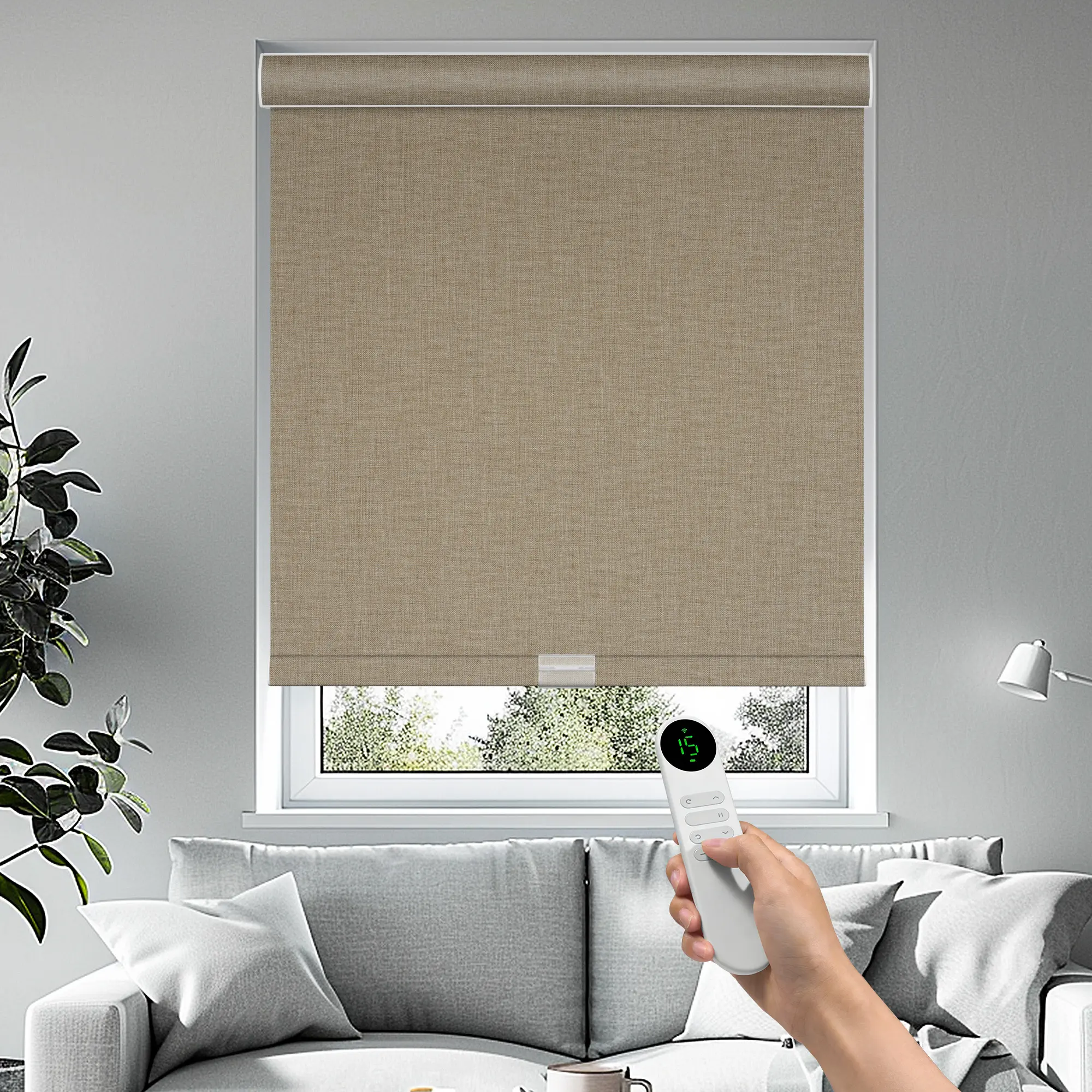 Pocageum motorized roller shades with remote control, no app needed, 28 mm tube, custom cordless window shades, blackout & light filtering, made to order W 21"-60" x H 72" for home office & study