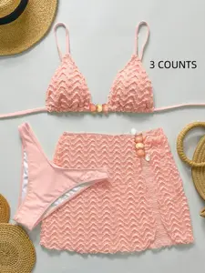 Women's New High-End Plain Sexy Bikini Set with Halter Neck Tie Straps, Triangle Cups, Cover Skirt, Three-Piece Swimsuit for Beach Pool, Solid Triangle Bikini Sets, Bikini Beach Wear, Summer Bikini