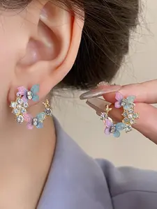 Elegant Blue Butterfly Rhinestone Flower Earrings, Trendy Party Style Women's Jewelry, Unique Design Fashion Accessories, High Quality Earrings