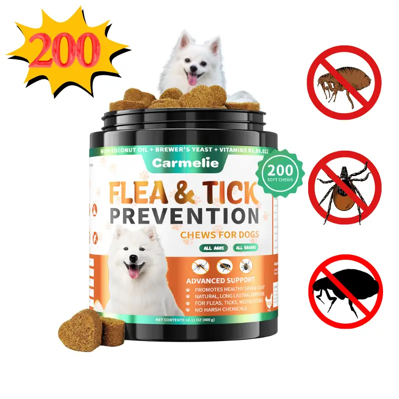 Carmelie Flea & Tick Support Chews for Dogs, Chicken Flavor, 120/200chews, For All Breeds & Ages，1-4pcs