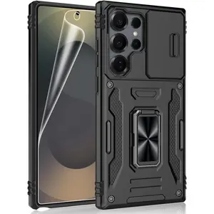 for  Galaxy S25 Ultra Case, Shockproof Phone Case & Sliding Camera Cover & Ring Holder Kickstand with Soft TPU Screen Protector [Black]