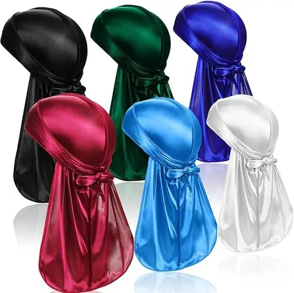 Durag Unisex Silky Scarf Set (6 Pcs) - Long Tail, Wide Straps Headscarf for Waves, Versatile Addition to Men’s & Women’s Outfit Accessories, Hair Scarf, Fashion Hair Scarves, Silky Durags