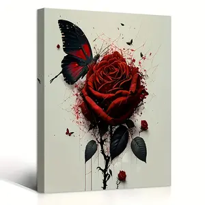 Red Rose Motif Pine Wood-Framed Art Illustrations Wall Art Print, Modern Abstract Home Decor for Living Room, Bedroom