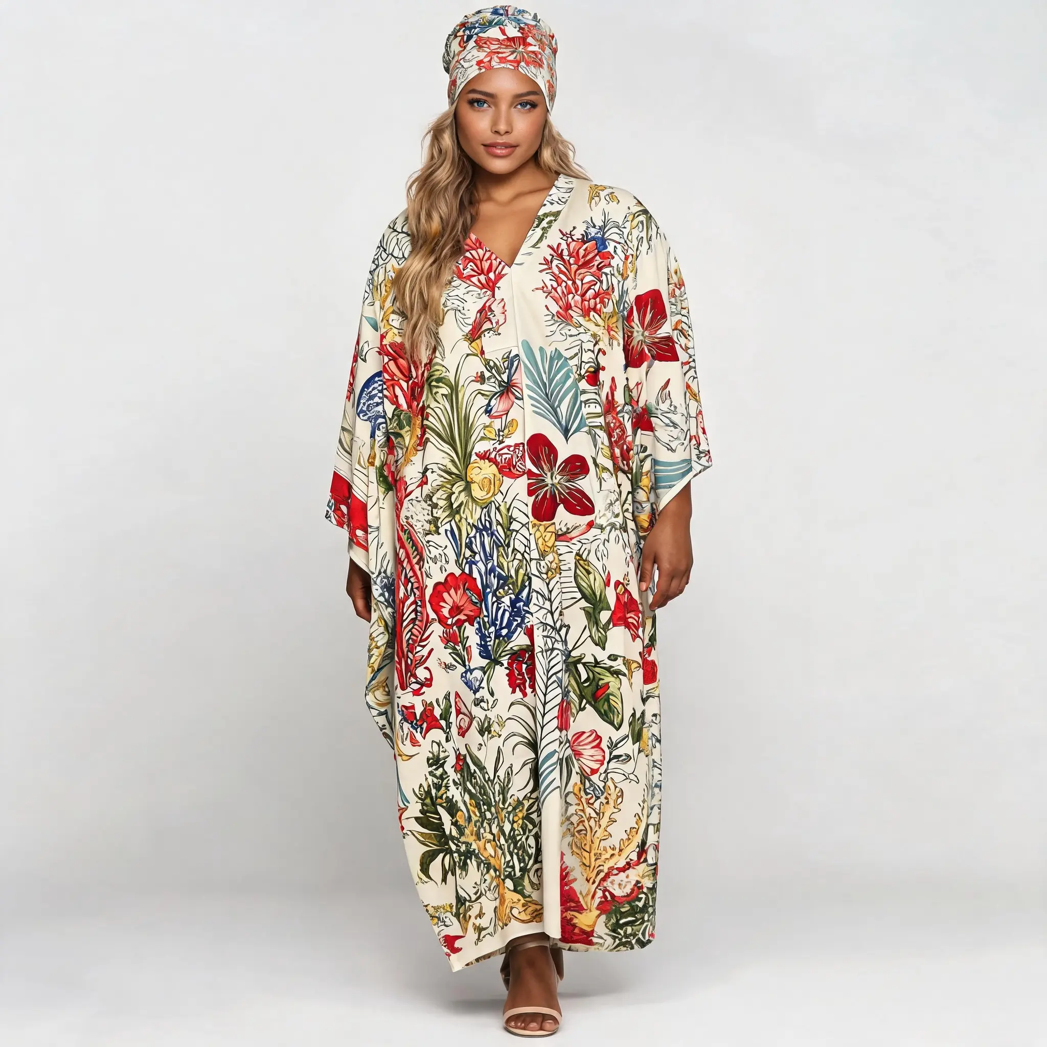 Women V‑Neck Printed Kaftan Dress with Matching Headscarf, Loose‑Fit Lightweight Satin Summer Robe, One‑Size Plus‑Size Friendly, Breathable Casual Cover‑Up for Beach Resort Daily Wear