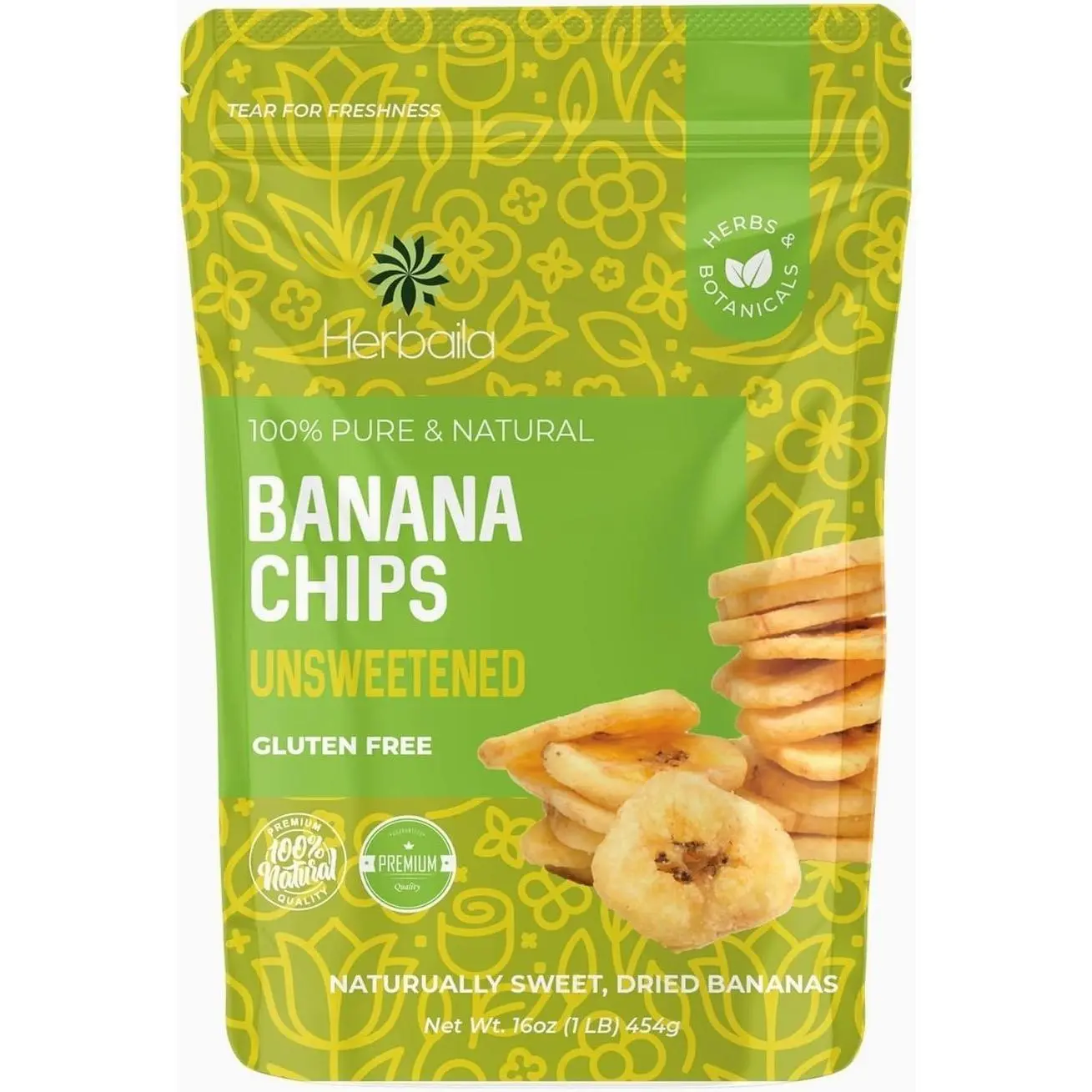 Herbaila Dried Banana Chips Unsweetened Bulk, 1 lb. Dried Bananas, Unsweetened Banana Chips, Dehydrated Bananas, Unsweetened Dried Banana slices, Banana Crisps. All Natural, Non-GMO, 16 oz.