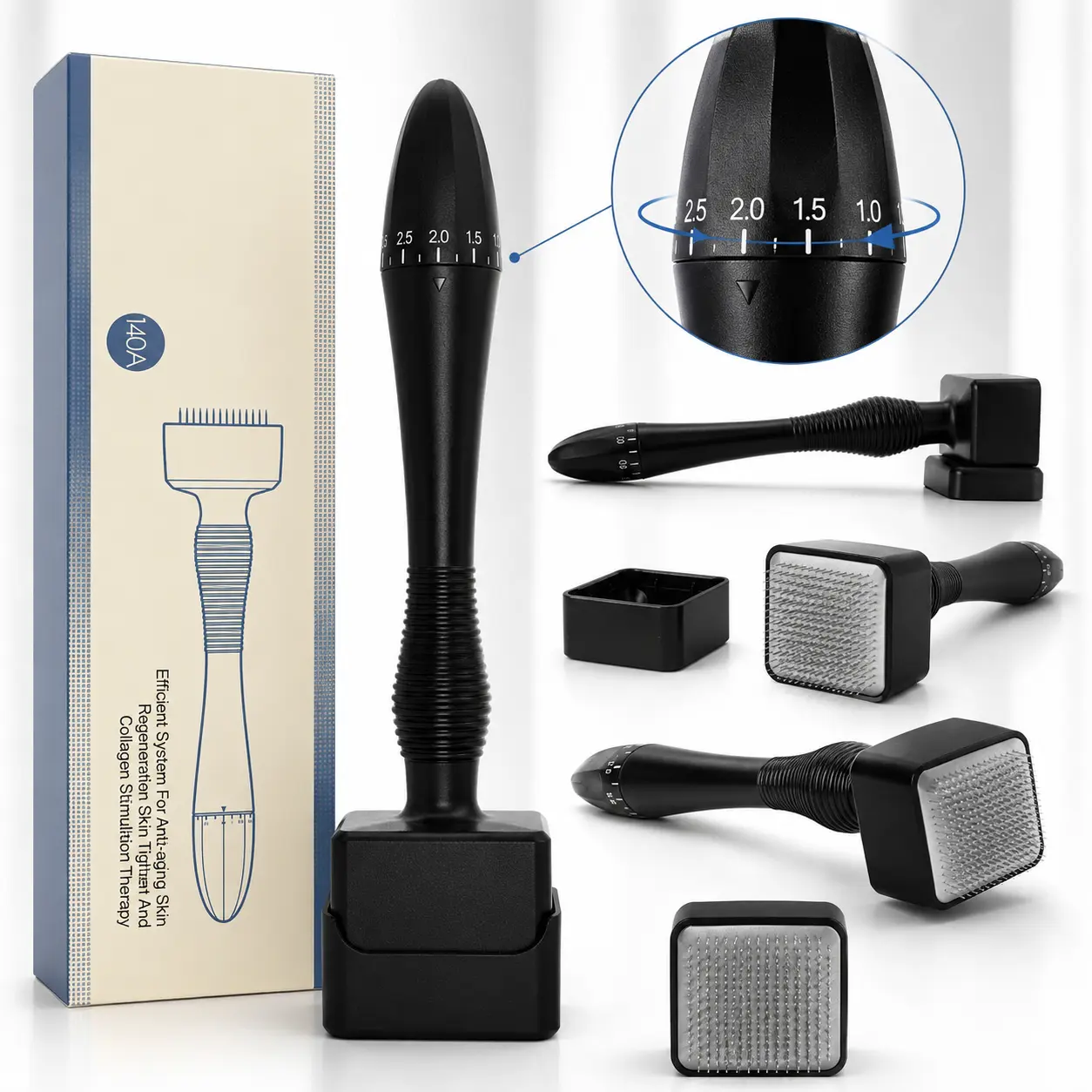 Adjustable Derma Stamp with 140 Needles, Black Microneedling Tool for At-Home Face Skincare, Reusable Facial Care Stamp with Adjustable Depth
