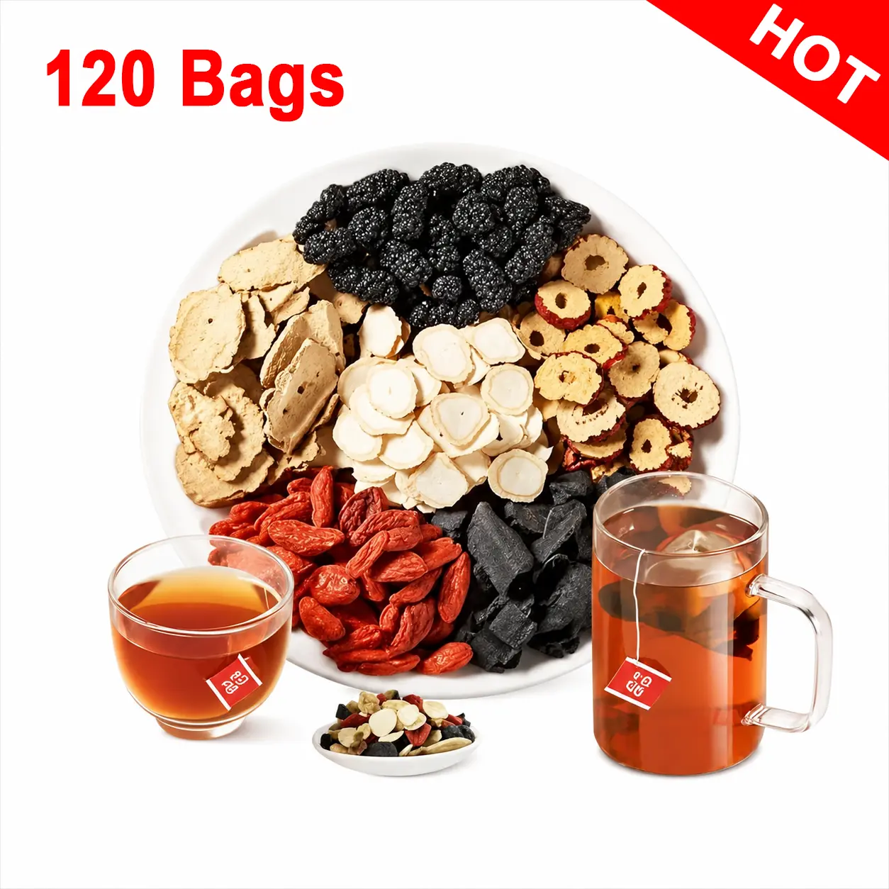 120 Bags Ginseng Eight Treasure Herbal Tea, Natural Flavored Tea with Red Date, Wolfberry & Mulberry, Daily Scented Tea Beverage