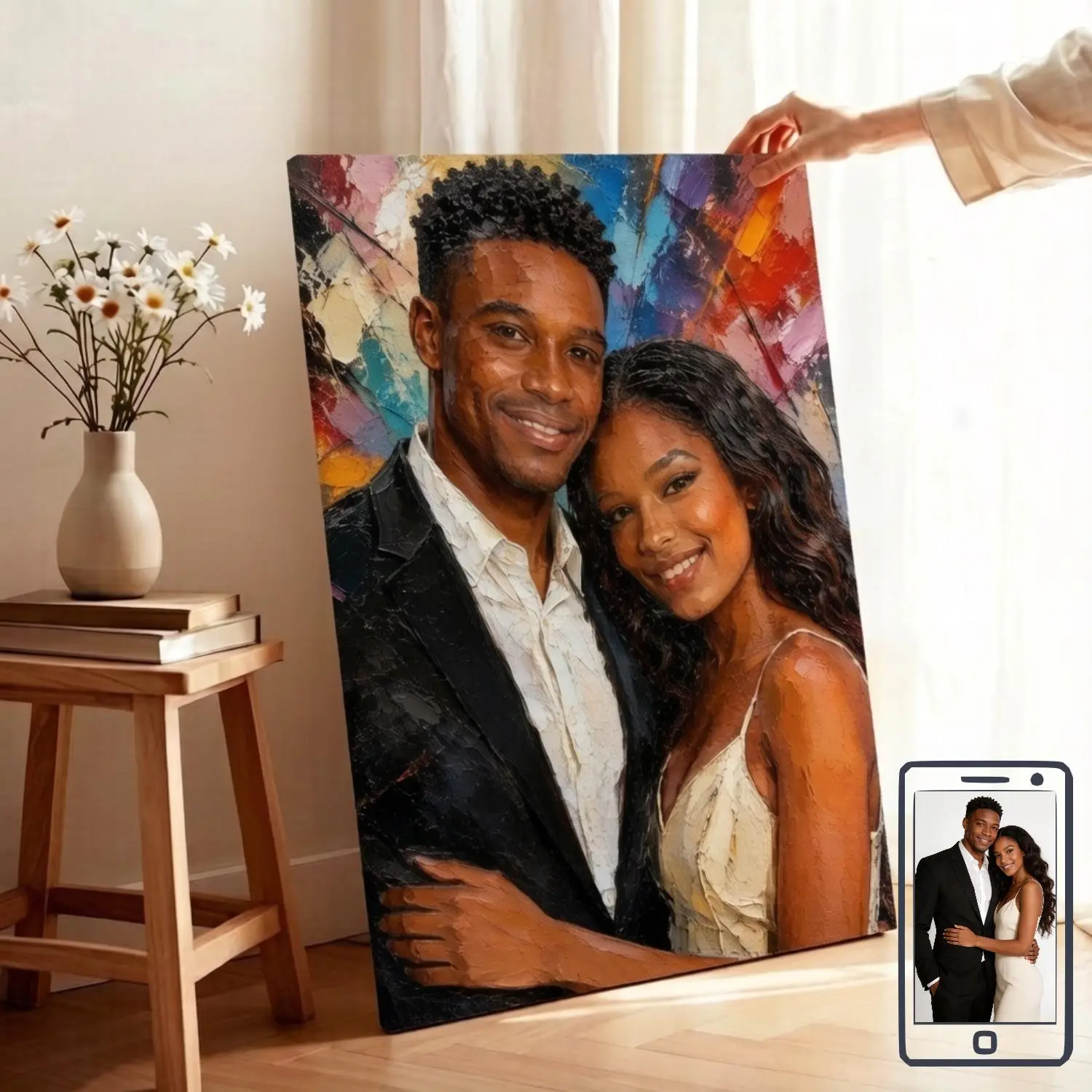 Custom 2D Flat Framed Oil Portrait Print from Your Photos - Pine Wood Inner Frame, Home Decor for Wall & Room, Ideal Gift for Parents or Cherished Family Keepsake