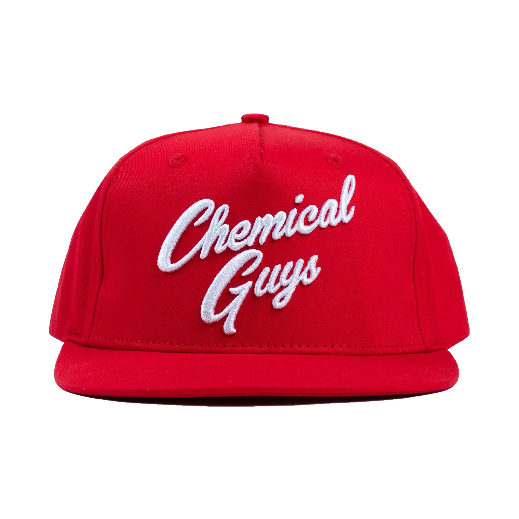CHEMICAL GUYS Snap-It-Back Red Script Hat - Bold Adjustable Flat Brim Cap, Embroidered Logo, Durable Street-Style Headwear for Detailers & Everyday Use