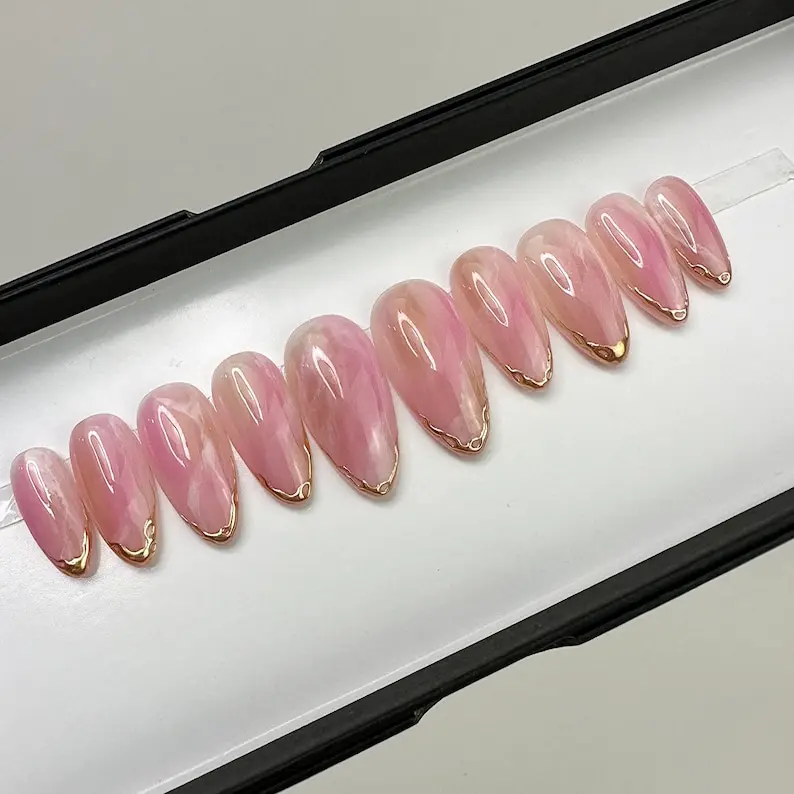 Blush Bloom, Pink Marble and Gold Detail at Tipping Press On Nail | Press On Nails | Any Shape | Fake Nails | False Nails | Glue On Nails