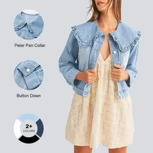 Imily Bela Womens Denim Jacket Peter Pan Collar Cute Cropped Long Sleeve Shirts Jean Coat with Pockets