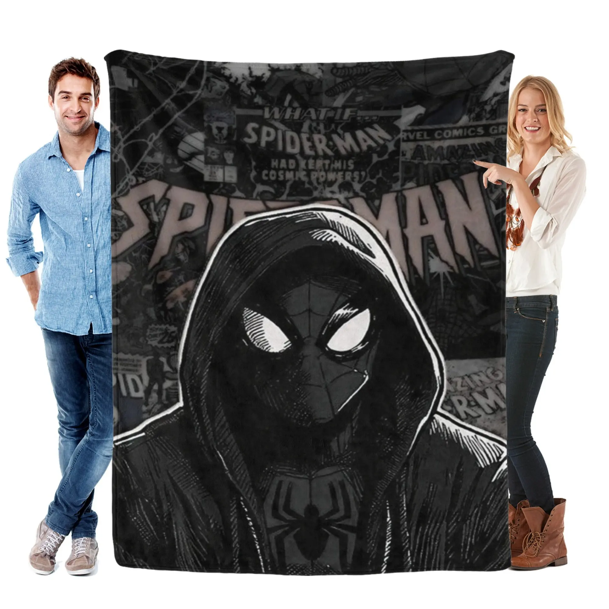 [SummerVibes] MARVEL CLASSIC Hooded Spider-Man Comic Flannel Blanket - Soft Cozy 2D Print Monochromatic Throw for Home Bedroom Decor, Couch & Fans Gift