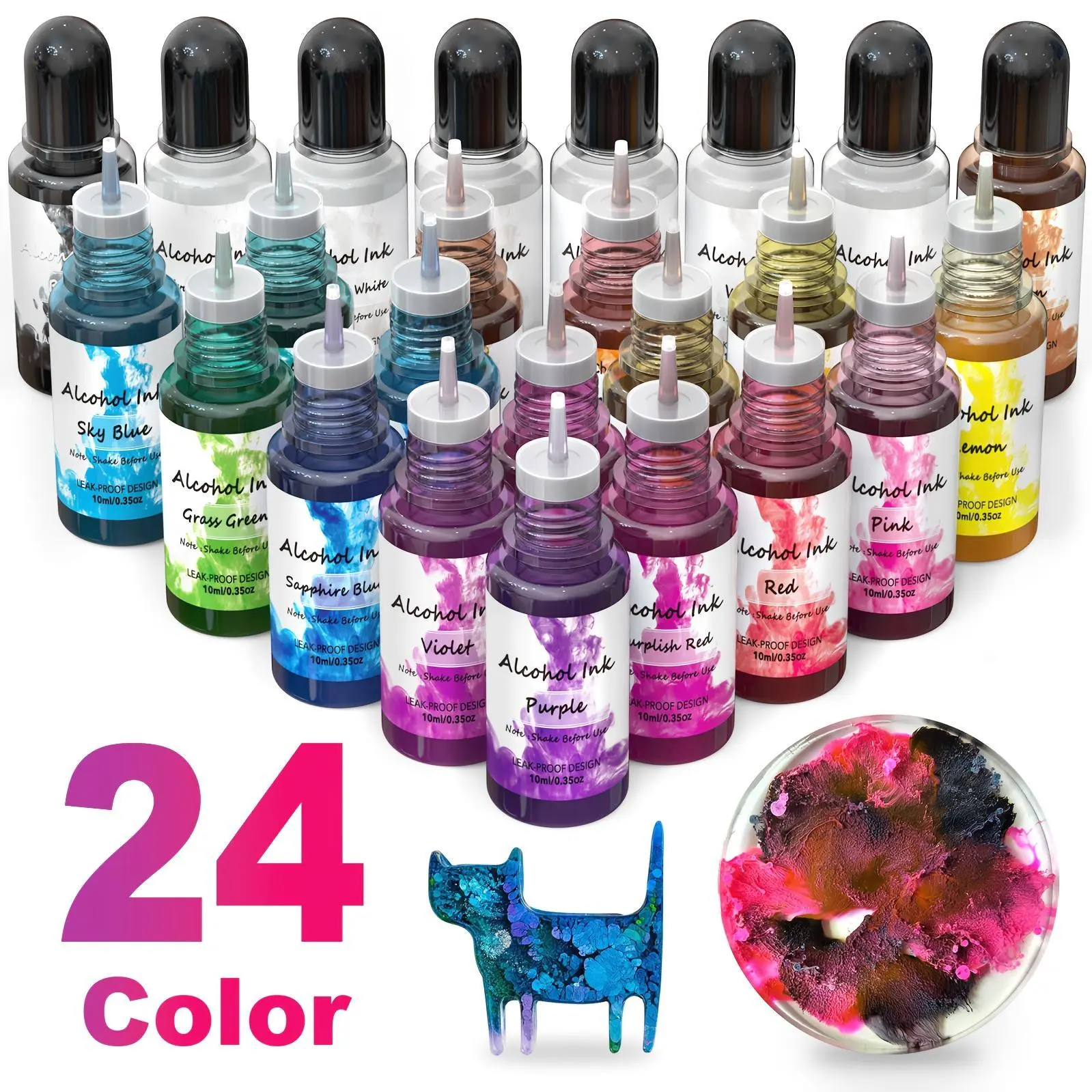 Alcohol Ink Set 24/12 Vibrant Colors Resin Dye High Concentrated Fast Drying Epoxy Resin Pigment Resin Art Tumblers Coaster Acrylic Fluid Painting Crafts (24X10Ml/0.35 Fl Oz) Halloween, Christmas Gift