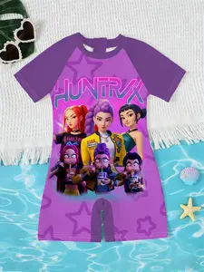 Kpop Demon Hunters Idol Patchwork One-Piece Swimsuit, swimsuits with shorts, Sweet Girl Style, Summer Beach Vacation, Sun Protection Swimwear