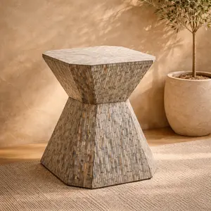 Geometric Gray Mother of Pearl Shell Handmade Hourglass Side End Accent Table with Linear Mosaic Pattern