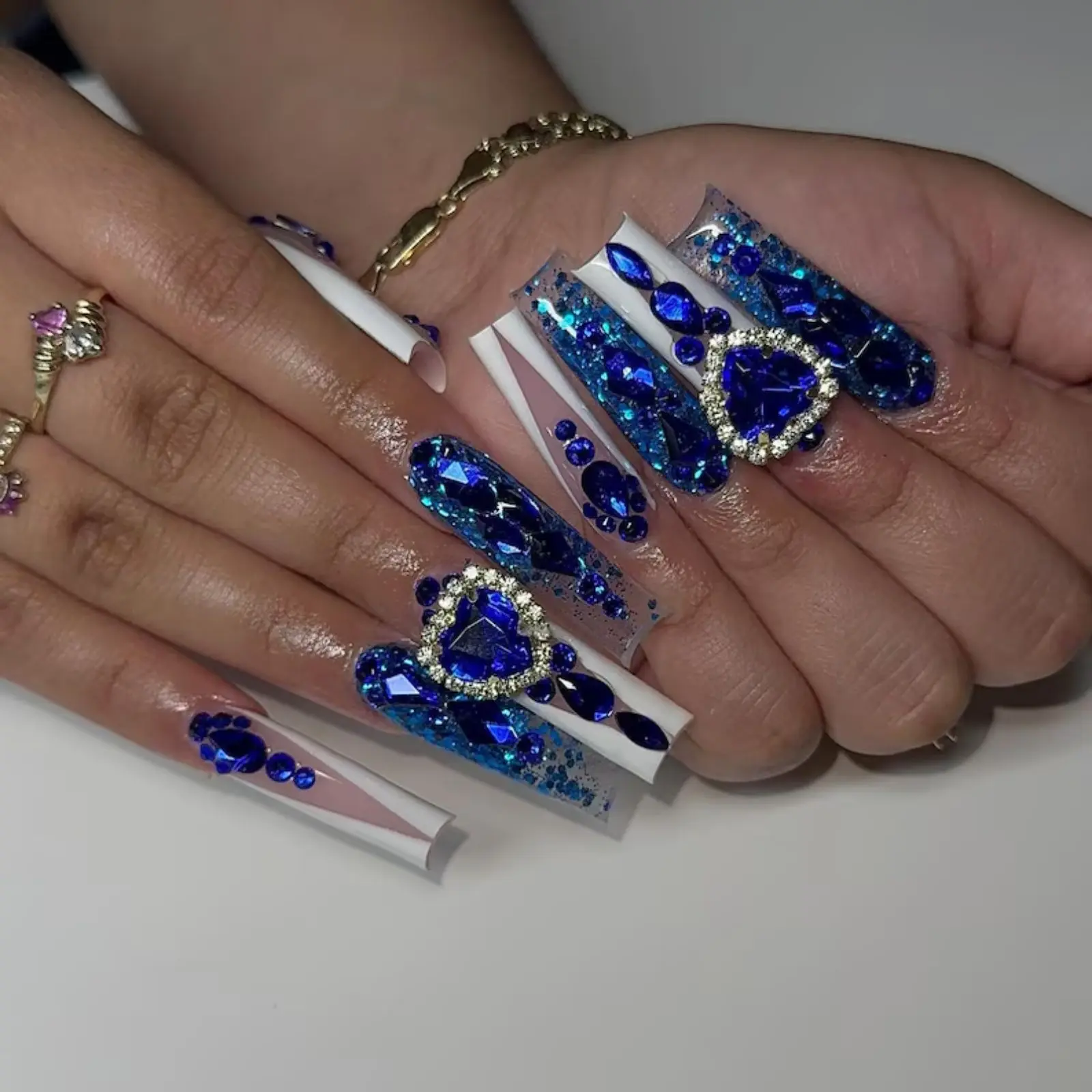 Luxury Royal Blue Crystal Press-On Nails – Extra Long XL Square Rhinestone Heart Handmade Glam Nails