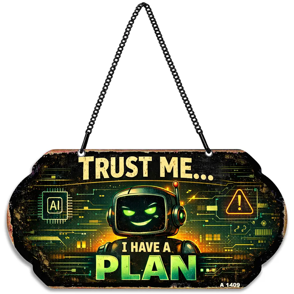 Trust Me I Have a Plan Sign, Funny AI Robot Decor, 10 x 5 Inch Aluminum Metal Hanging Sign with Chain, UV Printed Weatherproof Tech Wall Plaque for Office, Gaming Room, Studio or Workspace