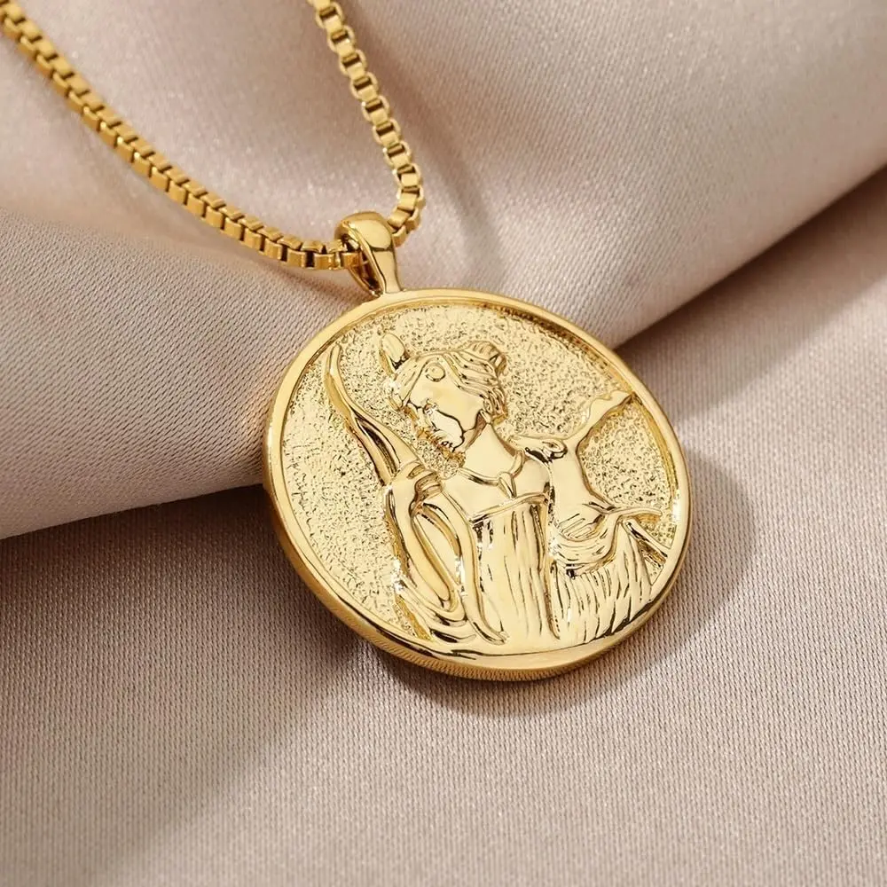 Artemis Athena Hecate 18K Gold Plated Necklace,Greek Mythology Necklace,Gold Medallion Queen Necklace For Women