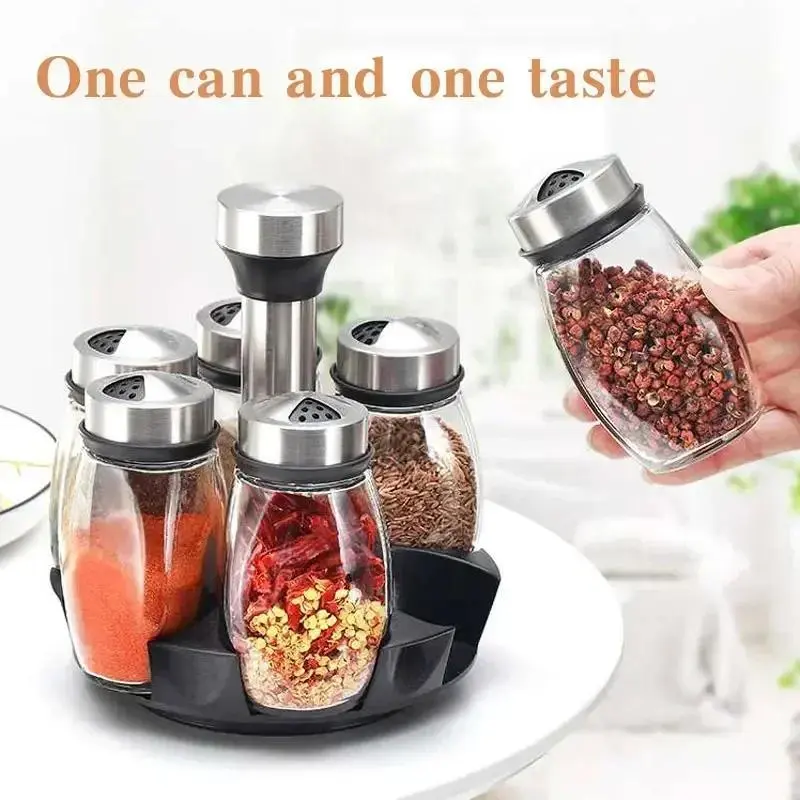 7Pcs Glass Spice Jar Set with Rotating Rack, Seasoning Organizer with ...