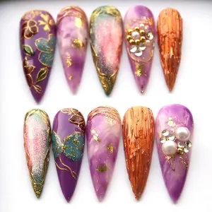Purple Marble Stiletto Press On Nails, 3D Floral Cat Eye Nail Set
