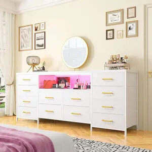 Fits 75" TV Stand Dresser For 65 70 75 Inch TV,63" W Dresser TV Stand For Bedroom With LED Lights & Power Outlets & 12 Drawers,Dresser For Bedroom Long Fabric Dresser Entertainment Center, Room Decor