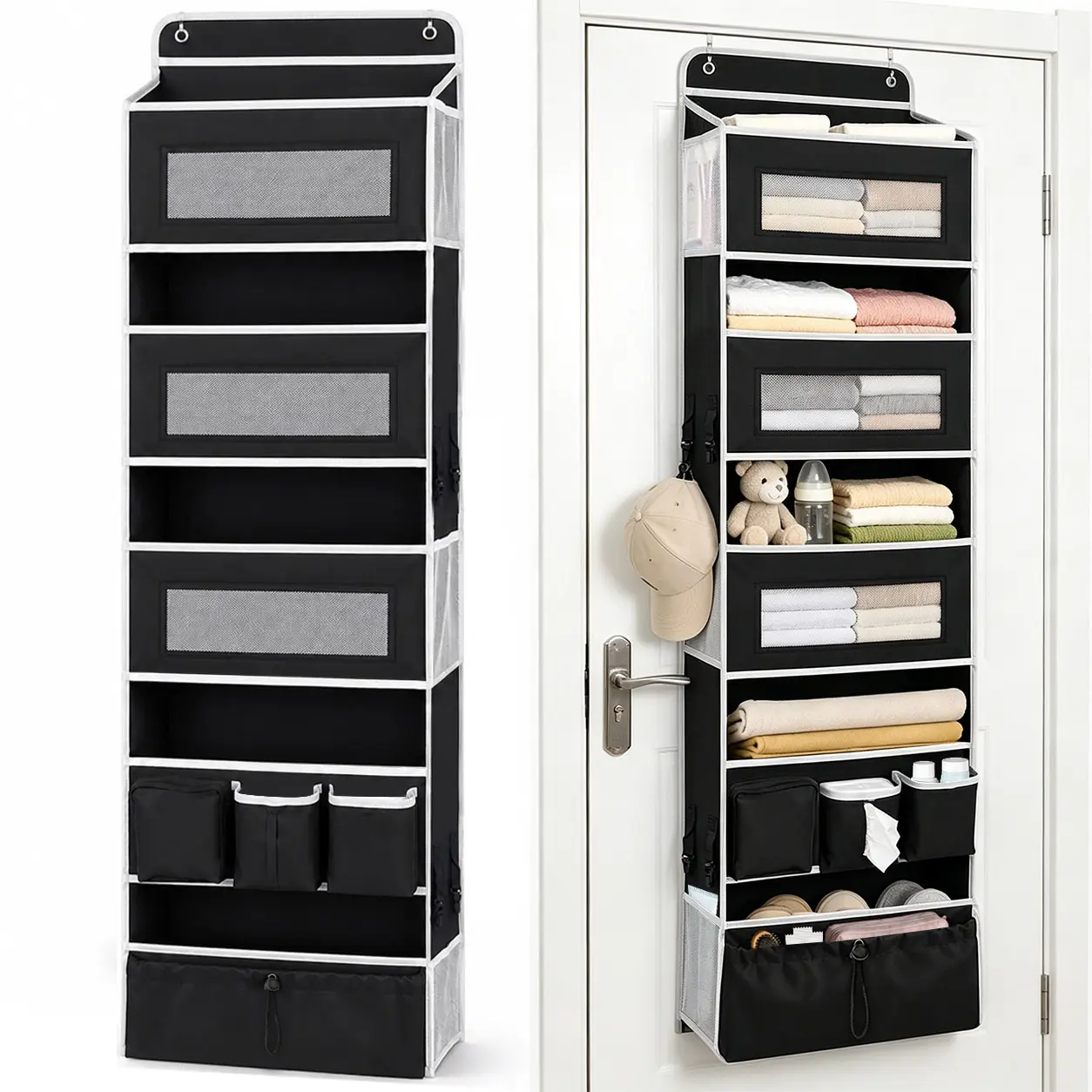 UNIQDESIGN Black Over The Door Bag Organizer - 1 Pack, 11-Pocket Hanging Rack with 50LB Capacity, Mesh & Drawstring, Breathable Pantry & Bedroom Organizer to Eliminate Closet Clutter