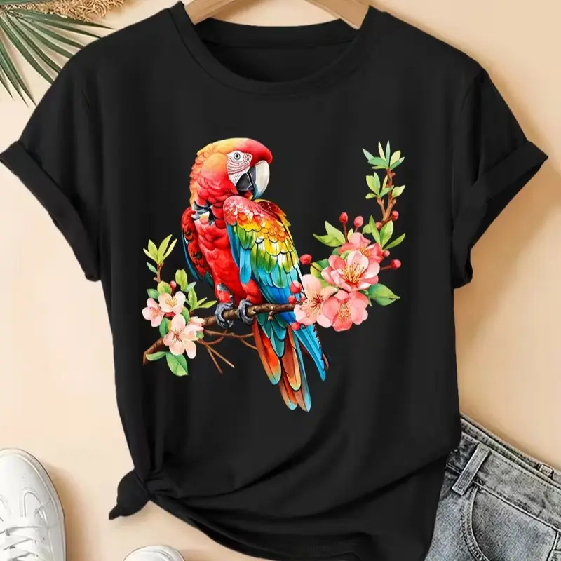 Women Watercolor Scarlet Macaw On Peach Blossom Branch Graphic T-Shirt Soft Black Cotton Short Sleeve Top Tropical Floral Bird Lover Casual Daily Wear Tee
