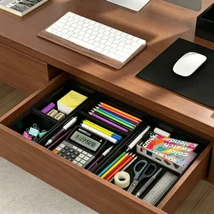 [HUOMAQFAN] Bamboo Drawer Organizer, Stackable 7-Compartment Storage Tray with 2 Adjustable Dividers for Kitchen Utensils, Office Desk