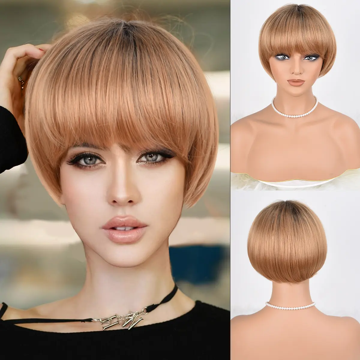 ZIHAN Women's Short Cut Synthetic Full Machine Wig - Yellow, Straight Bangs, Heat-Resistant Fashion Accessory for Daily Wear & Cosplay