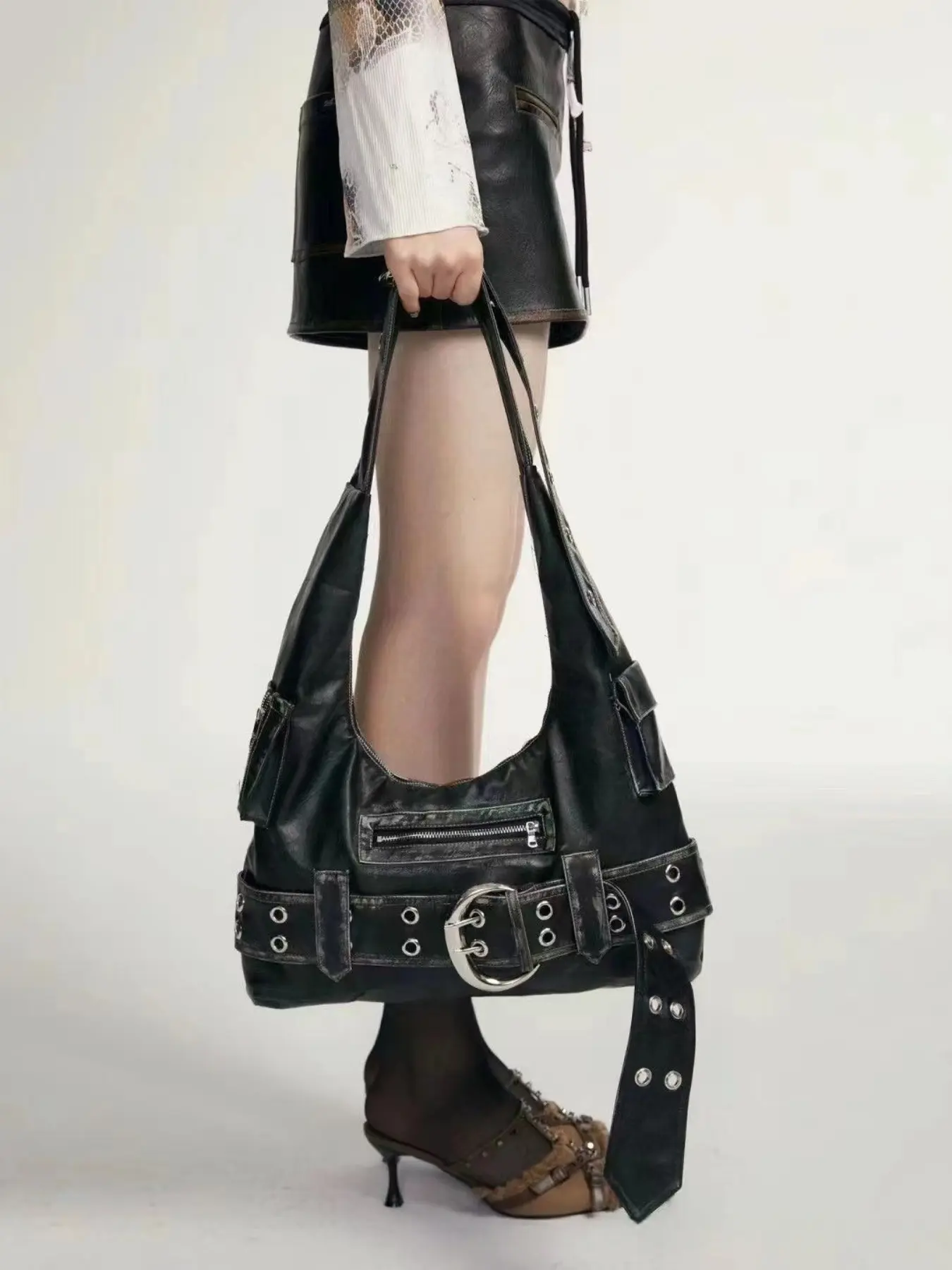 Y2K Style Vintage Leather Shoulder Bag, Dual Color Design with 