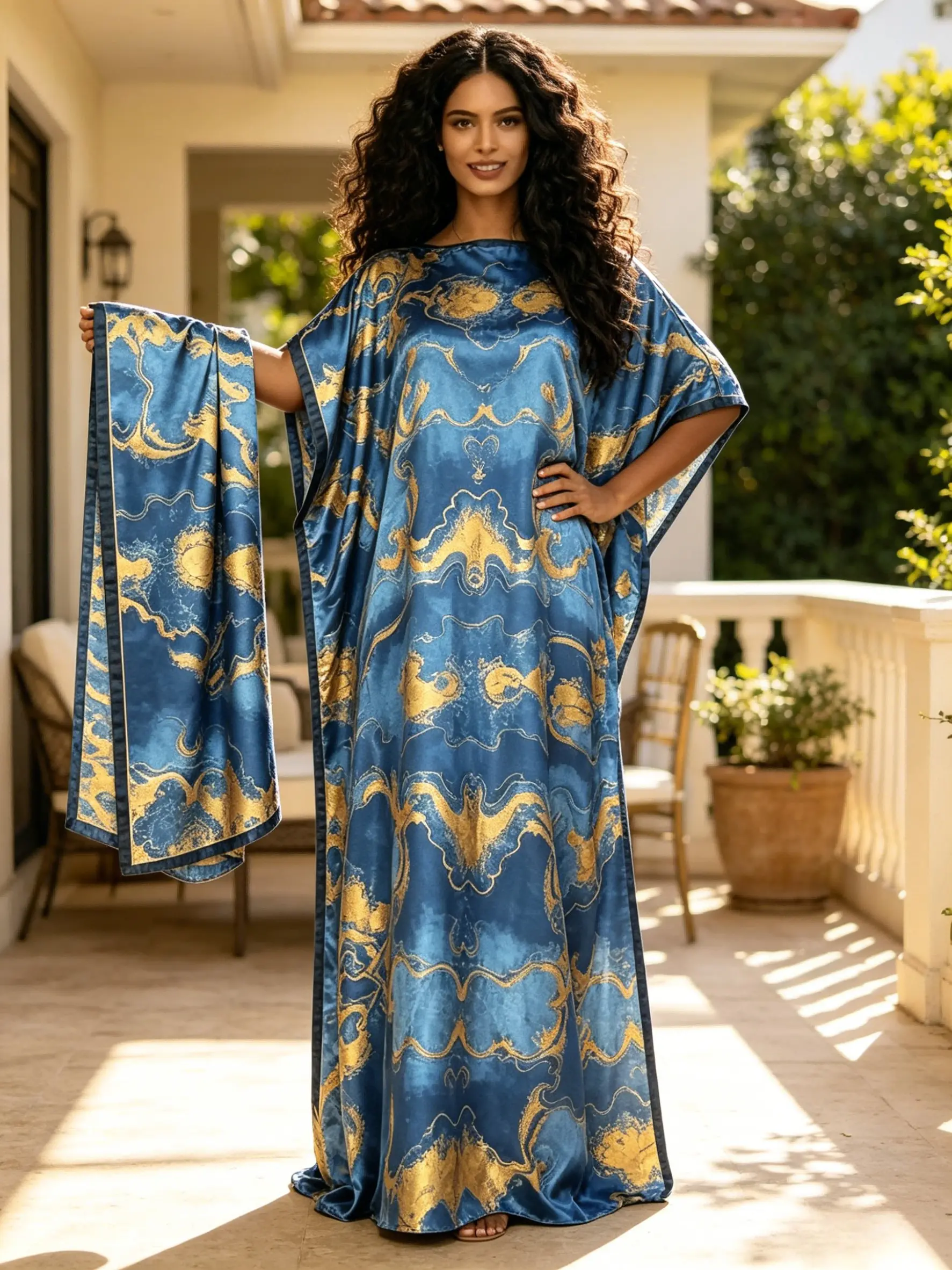 1 Robe+1 Scarf Royal Blue Gold Geometric Marble Pattern Printed Robe Set Large Ship Collar Loose Flesh Concealing Long Dress+Scarf Light Luxury Casual, Boho Bohemian Vacation Style Long Dress Vacation/Daily Slimming Two Piece Set