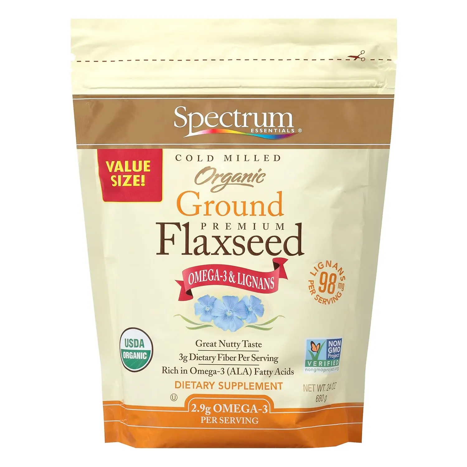 Spectrum Essentials Certified Org. Cold Milled Ground Flaxseed - Neutral Flavor, 24oz Ground Seed